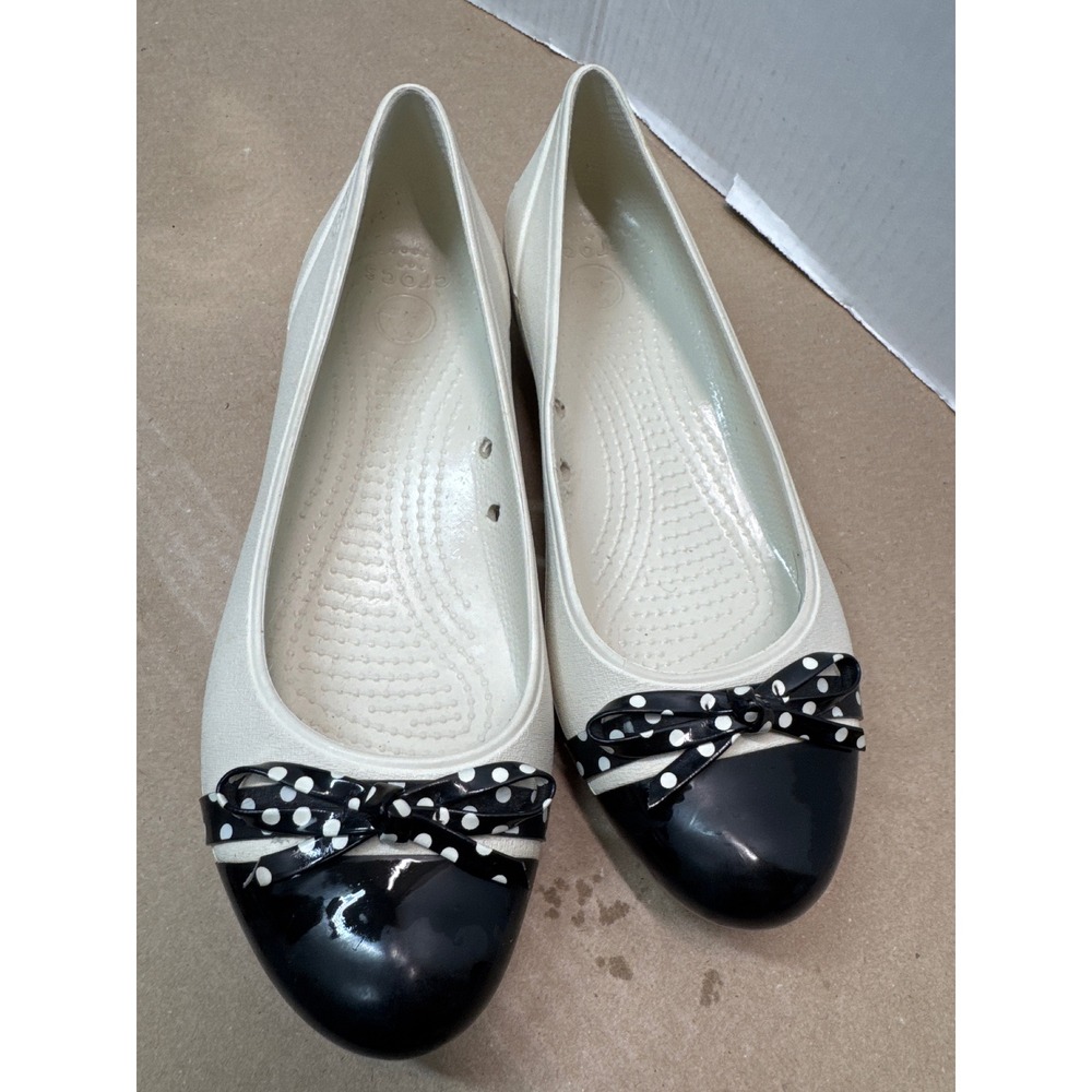 Crocs Gianna Bow Flats Cream Black Polka Dot Cap Toe Ballet Shoes Womens 9